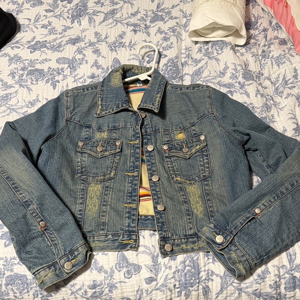 aerie Blue Distressed Cropped Denim Jacket